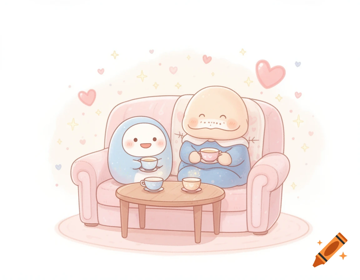 Two cute, blob-like characters on a pink sofa, sharing tea in a pastel illustration with floating hearts and stars.
