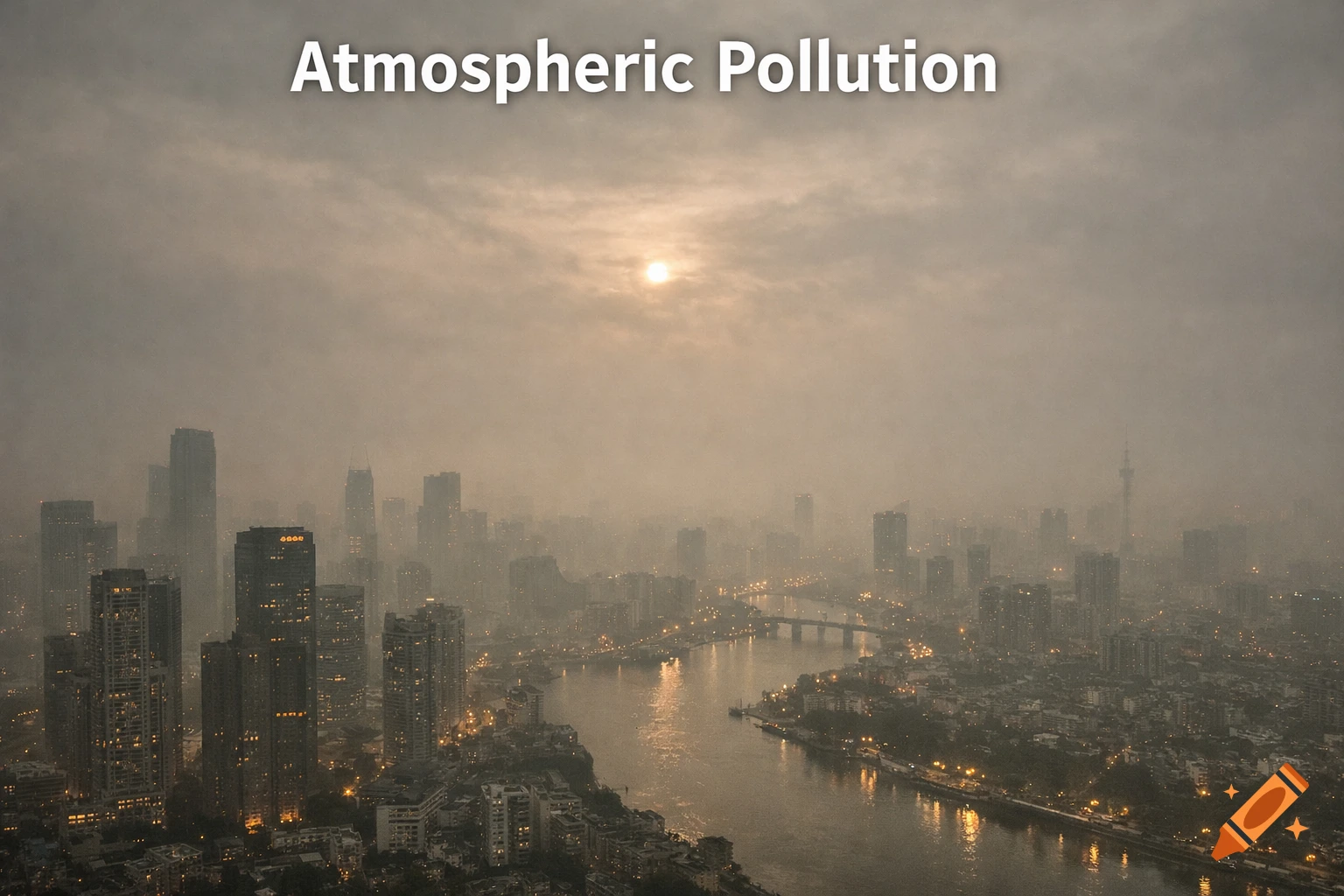 Hazy city skyline with a river and bridges, covered in thick atmospheric pollution under a dim sun. Text reads: Atmospheric Pollution.