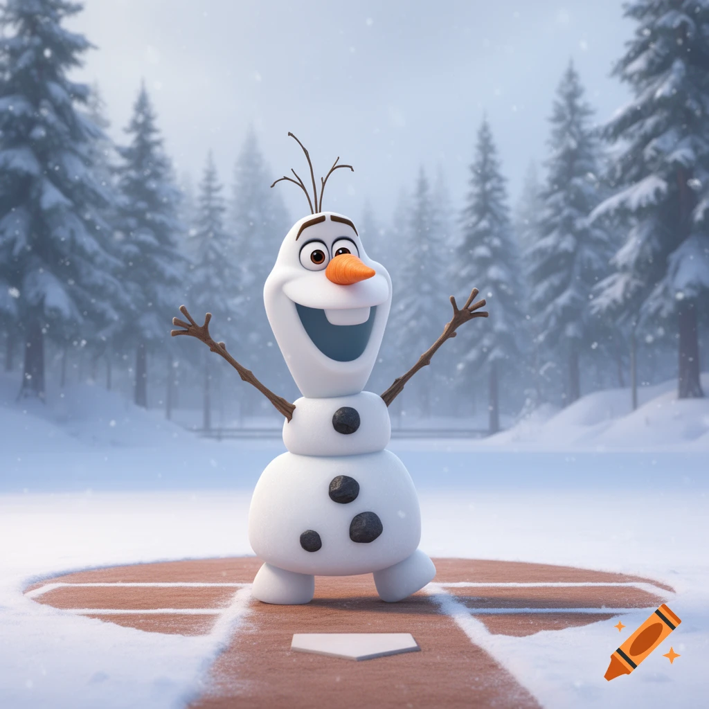 Olaf from Frozen happily standing on a snowy baseball field with pine trees in the background.