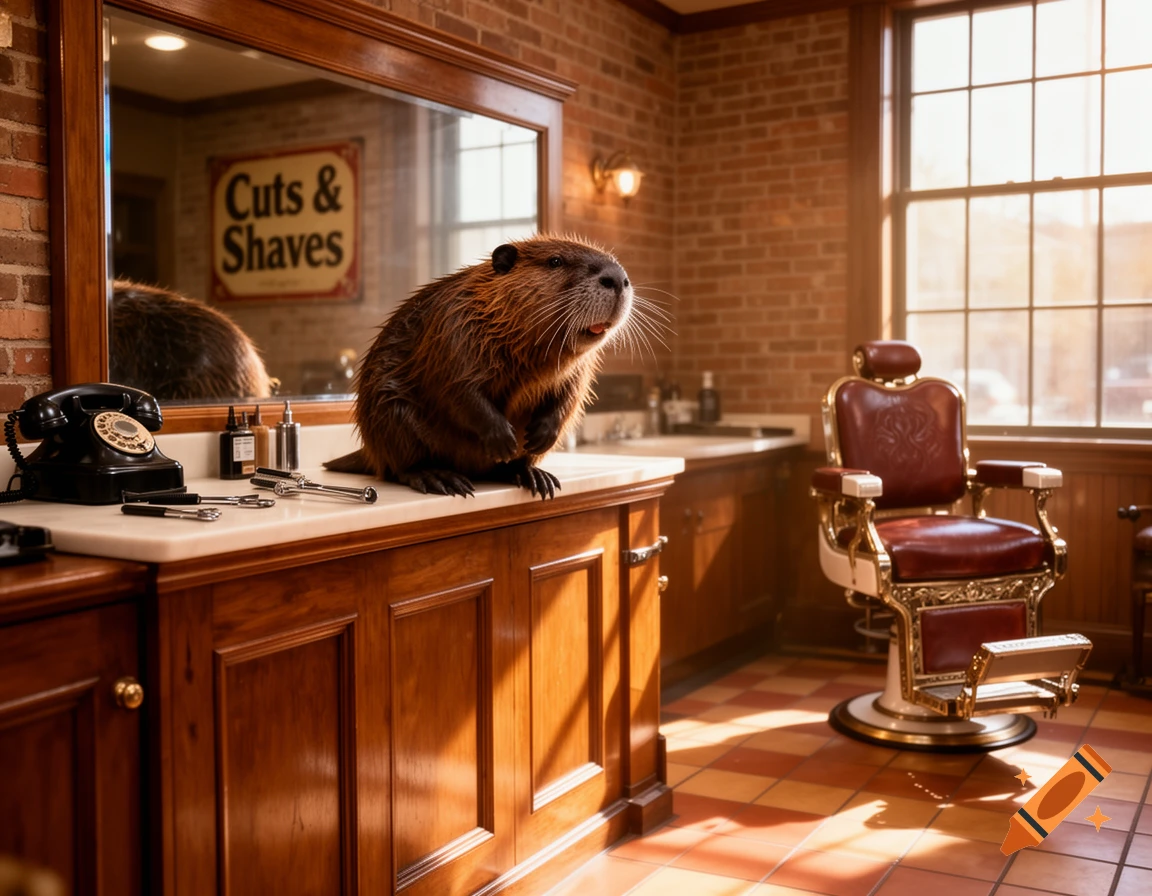 A photorealistic beaver sits on a white marble counter in a classic barbershop, reflected in a mirror above which a sign reads 'Cuts & Shaves'.