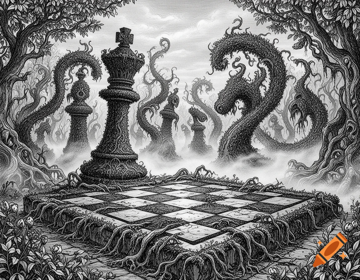 Black and white gothic engraving of an overgrown garden with plant-like chess pieces and board amid twisted trees and fog.