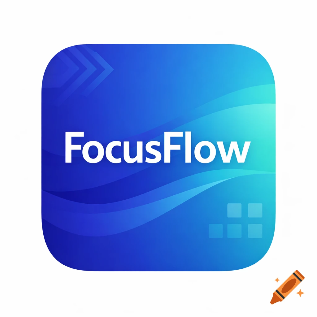 A blue and teal gradient app icon with rounded corners, featuring the white text 'FocusFlow' and abstract wave-like shapes.