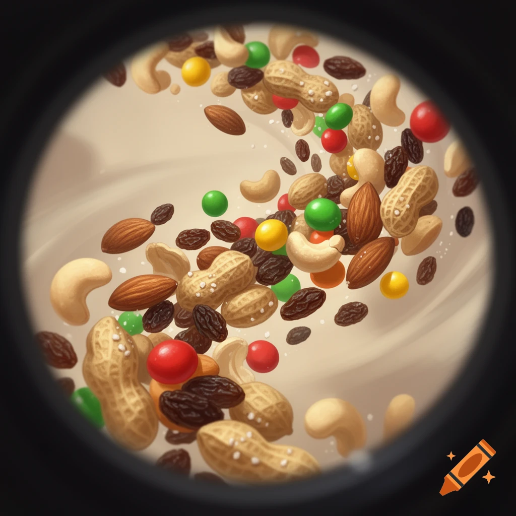 Assorted peanuts, cashews, almonds, raisins, and colorful candies swirl within a black circular frame against a light background.