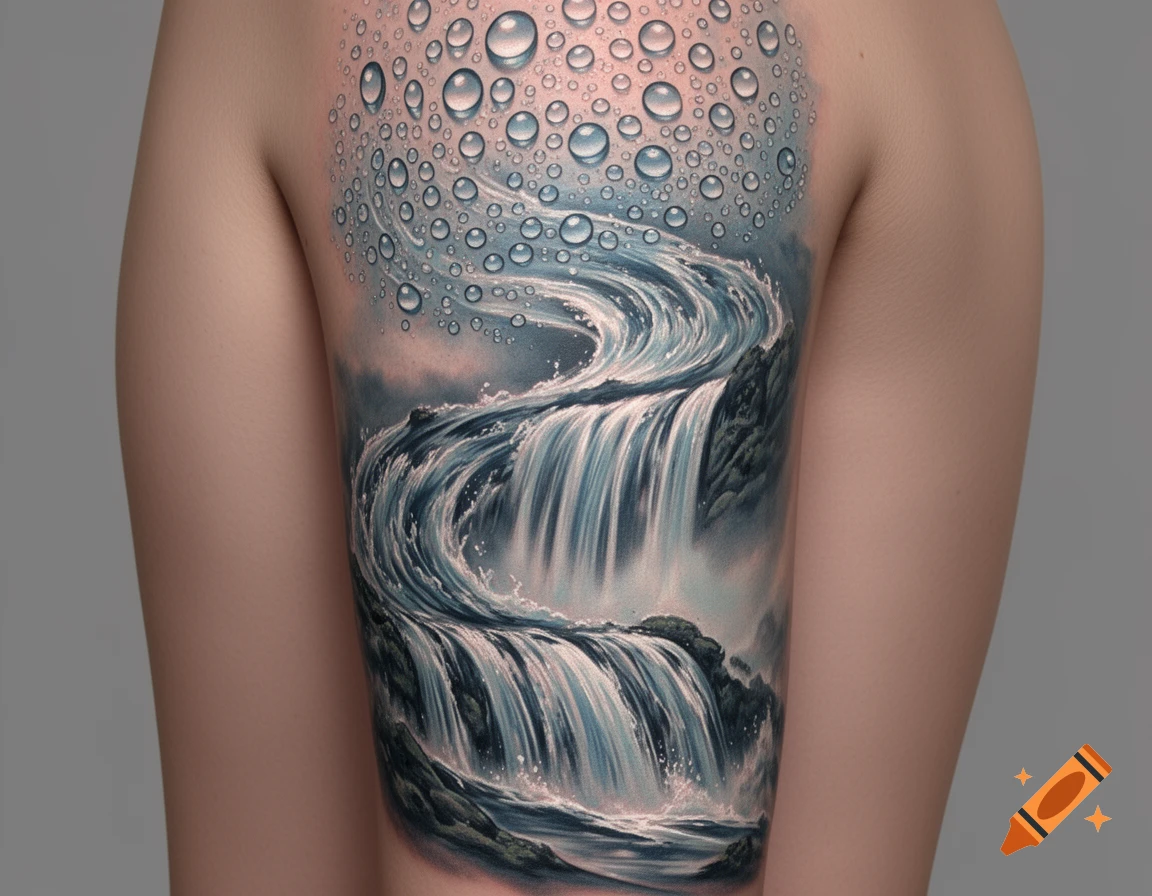 A realistic tattoo on a person's shoulder and upper arm, depicting water droplets transitioning into a curling waterfall.