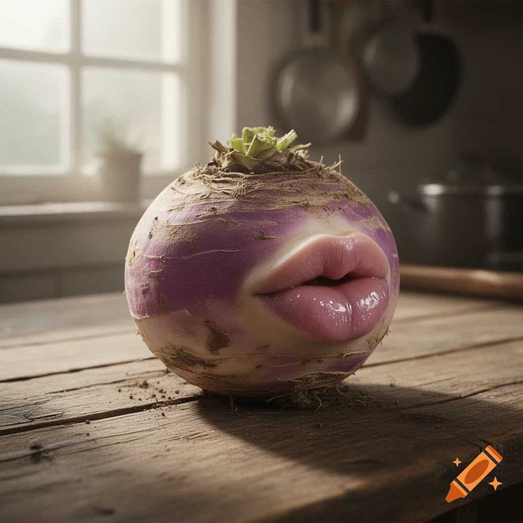 A close-up photorealistic image of a purple and white turnip with human lips on a rustic wooden table in a sunlit kitchen.