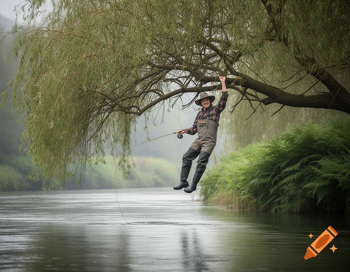 A fly fisherman in waders and a hat hangs from a willow tree branch over a misty river, holding his fishing rod.