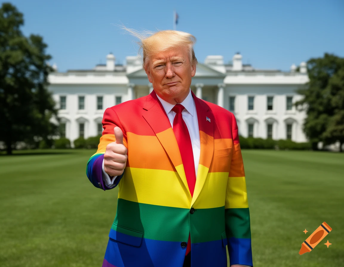 Donald Trump in a rainbow suit gives a thumbs-up in front of the White House.