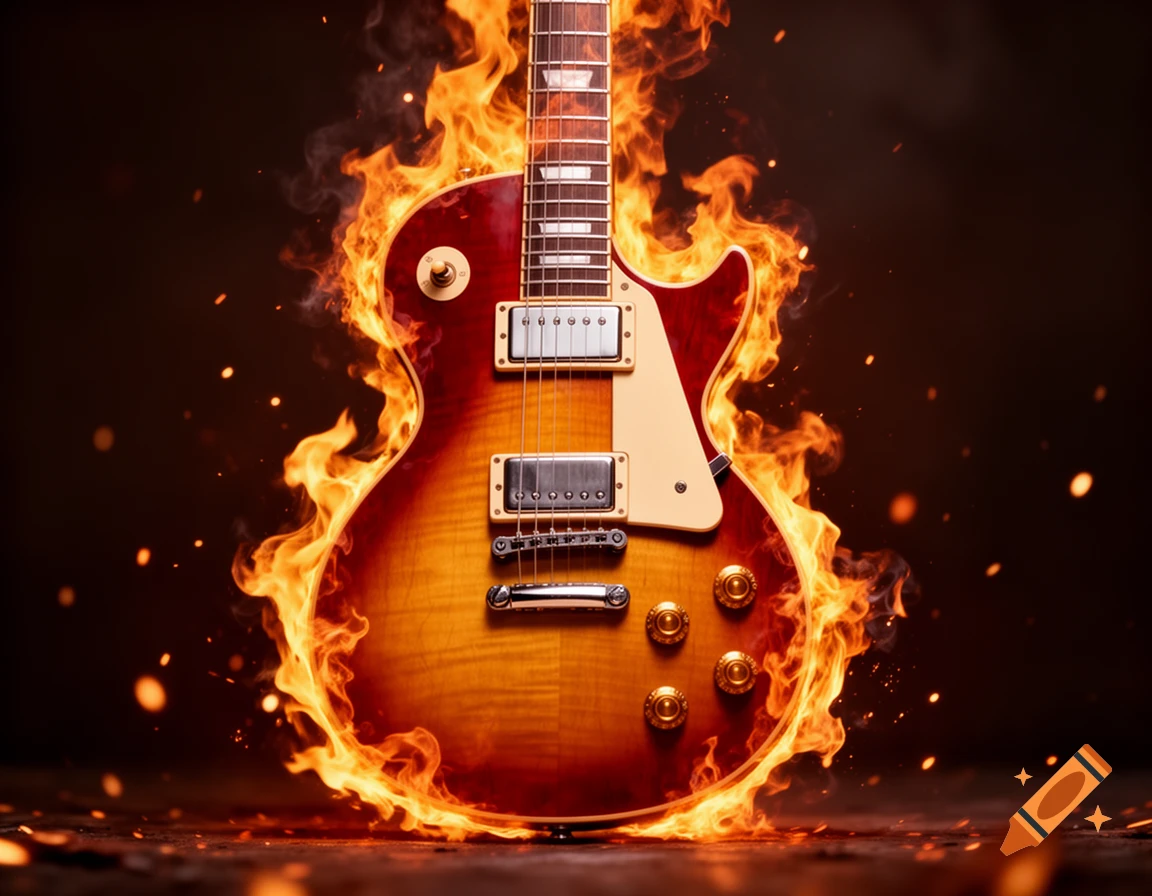 A Les Paul style electric guitar is engulfed in bright orange and yellow flames against a dark background, with sparks flying.