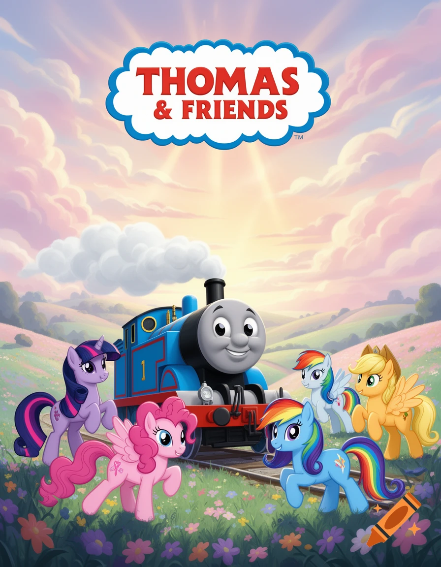 Animated Thomas the Tank Engine with Twilight Sparkle, Pinkie Pie, Rainbow Dash, and Applejack in a flower field. 'THOMAS & FRIENDS' logo.