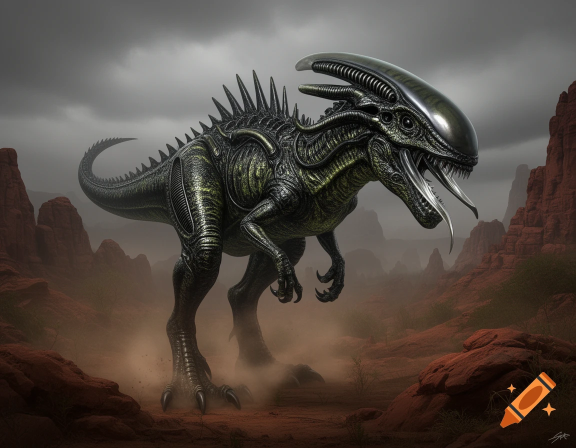 A photorealistic Tyrannosaurus Xenomorph hybrid stands in a dusty red desert landscape under a cloudy sky.