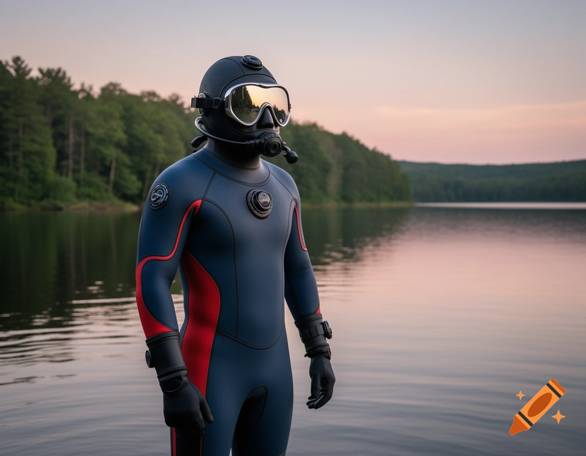 A person in a black and red dry suit and diving mask stands in a calm lake at sunset.