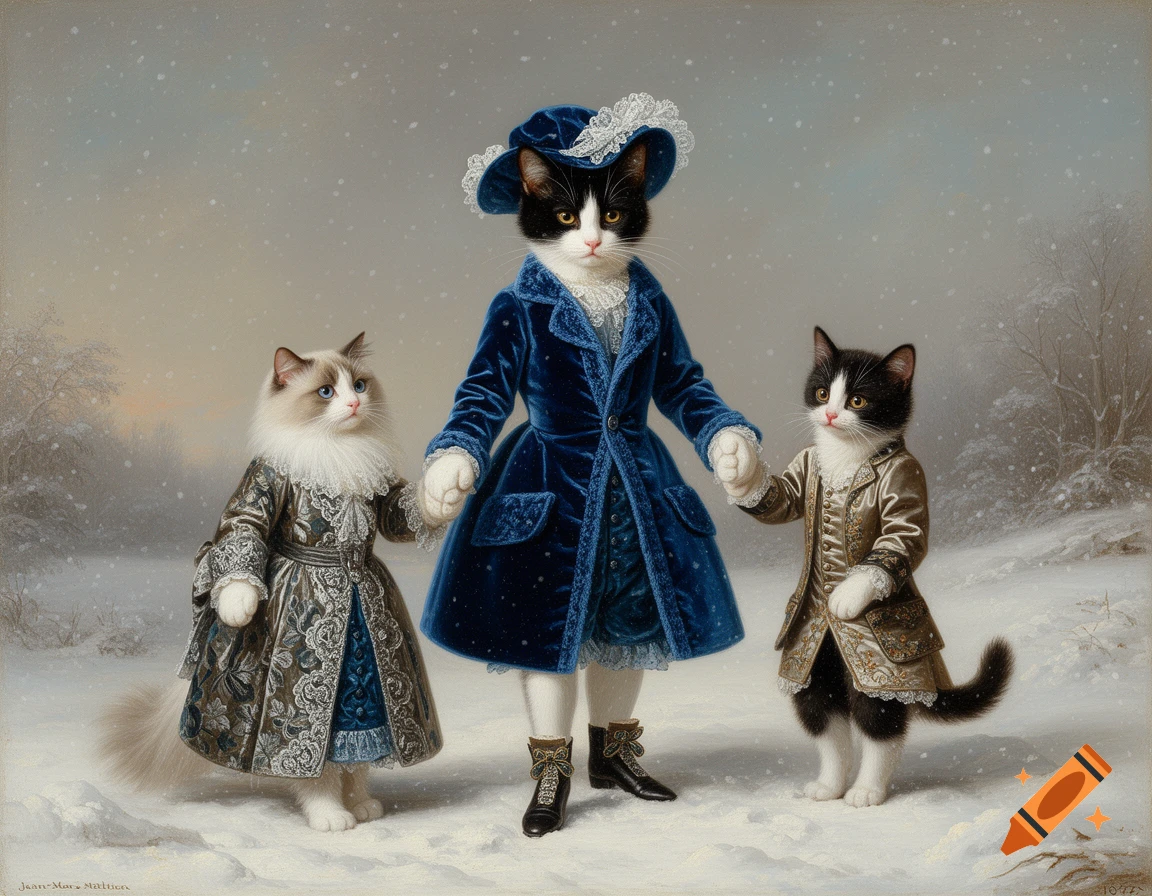 An oil painting of three anthropomorphic cats in 18th-century aristocratic clothing walking in the snow.