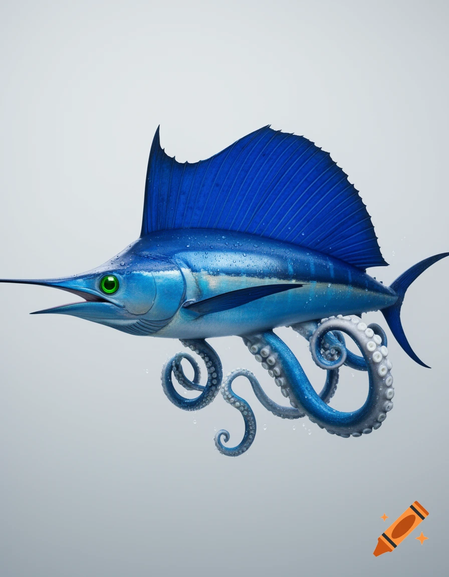 Photorealistic blue hybrid creature with a marlin's body, large dorsal fin, green eyes, and octopus tentacles for a tail on a light gray background.