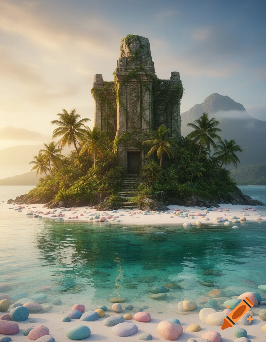 A tropical island with an ancient stone temple ruin, palm trees, clear turquoise water, and colorful pebbles on a sandy beach.