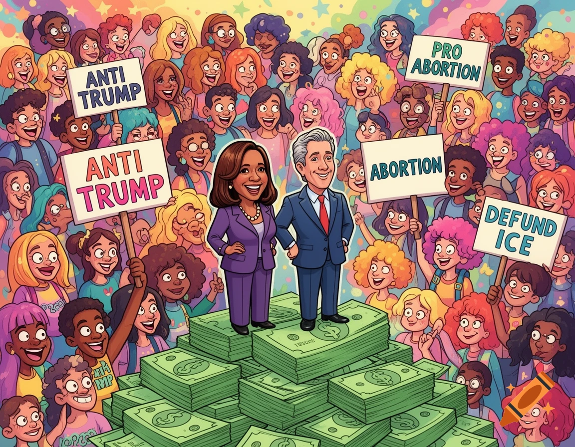 A cartoon depicts Kamala Harris and Gavin Newsom standing on a pile of money, surrounded by a diverse crowd holding protest signs reading "ANTI TRUMP", "PRO ABORTION", and "DEFUND ICE".