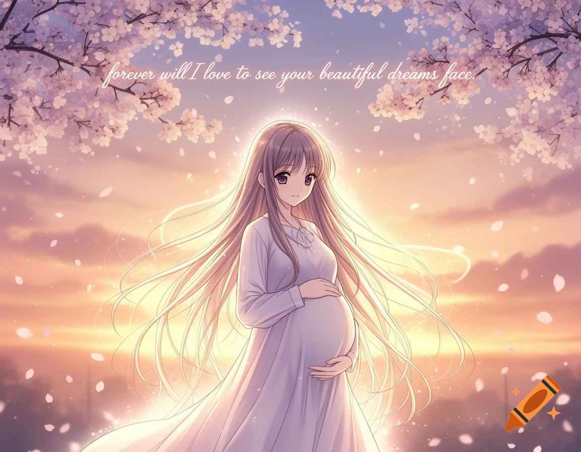 Anime illustration of a pregnant woman with long hair, wearing a white dress, holding her belly under a canopy of cherry blossoms at sunset.