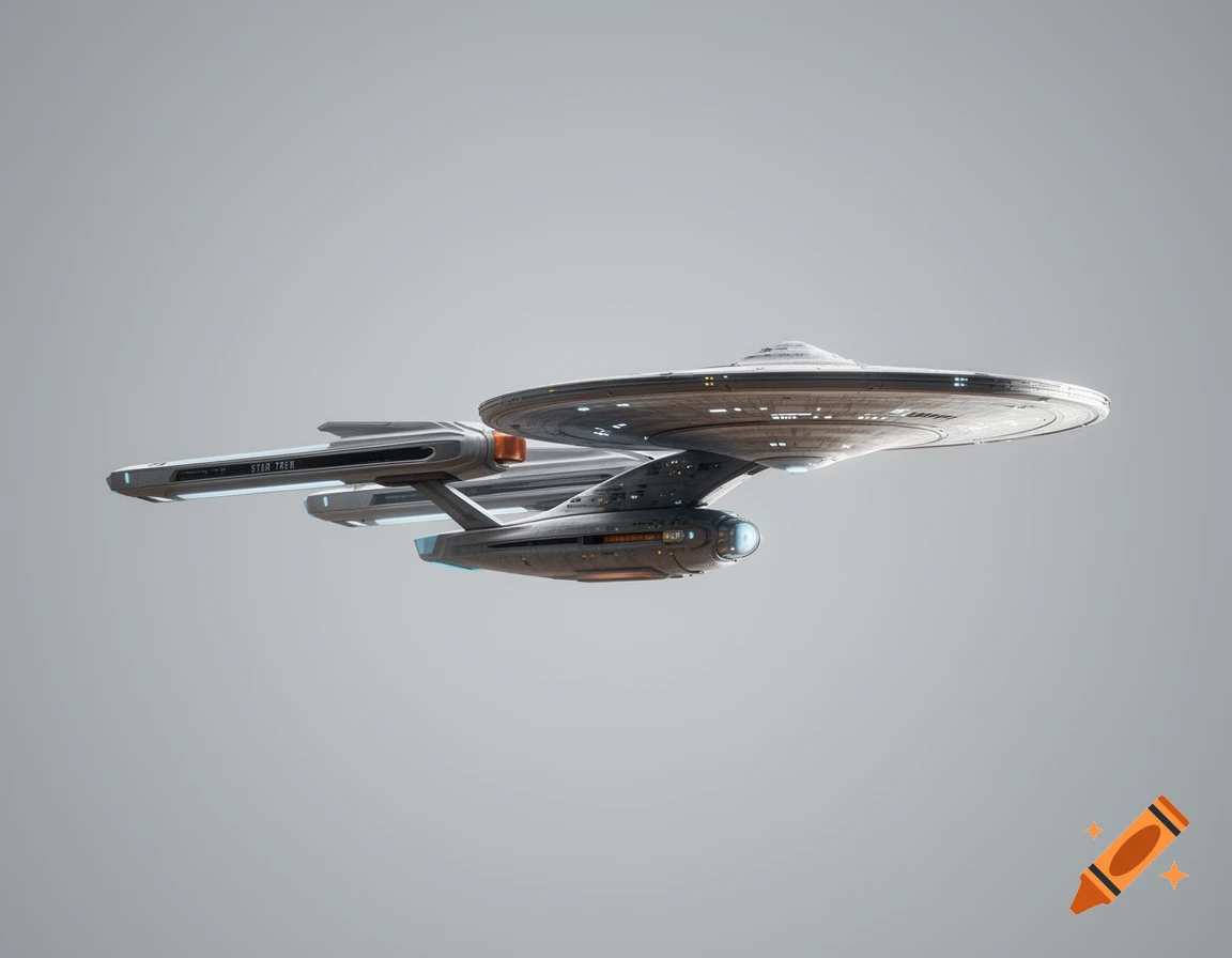 A detailed, photorealistic 3D rendering of a Star Trek spaceship, viewed from the side, on a light grey background.