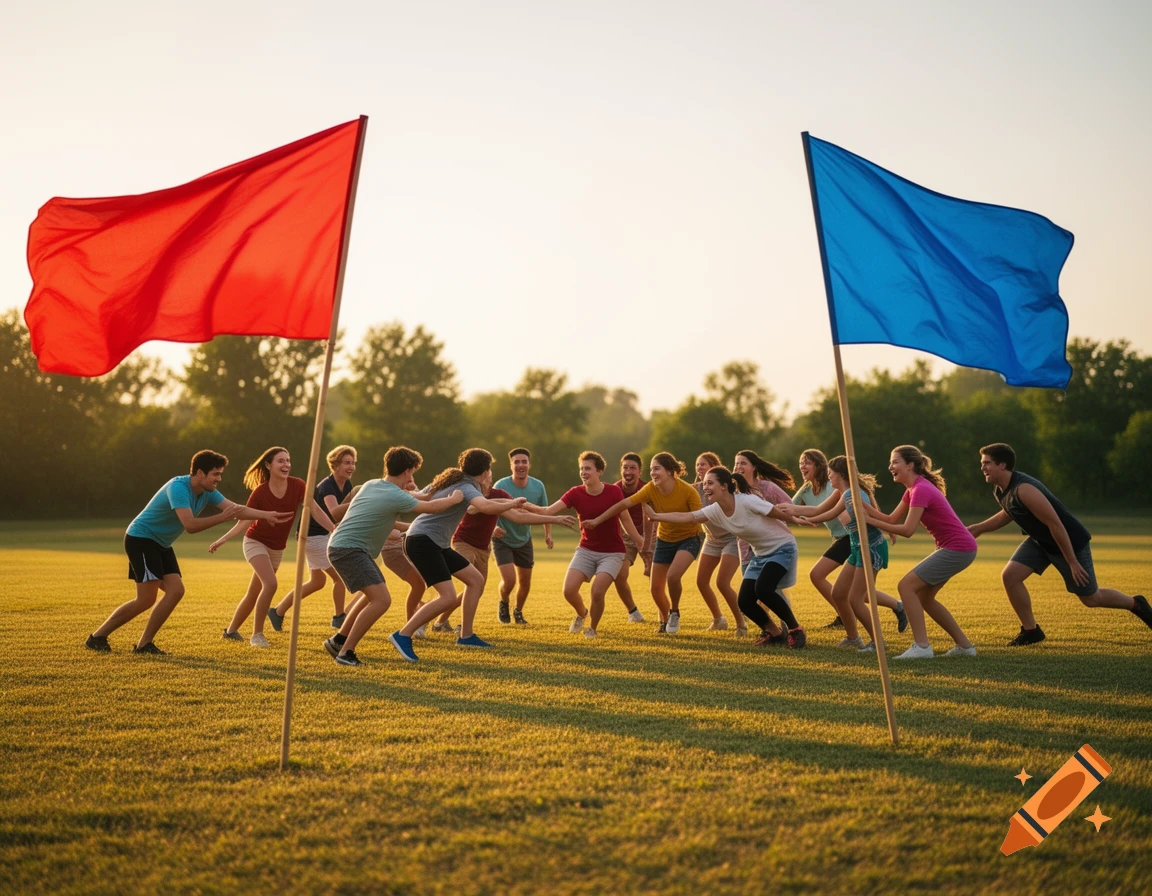 Young people play capture the flag in a sunny grassy field with a red flag and a blue flag.