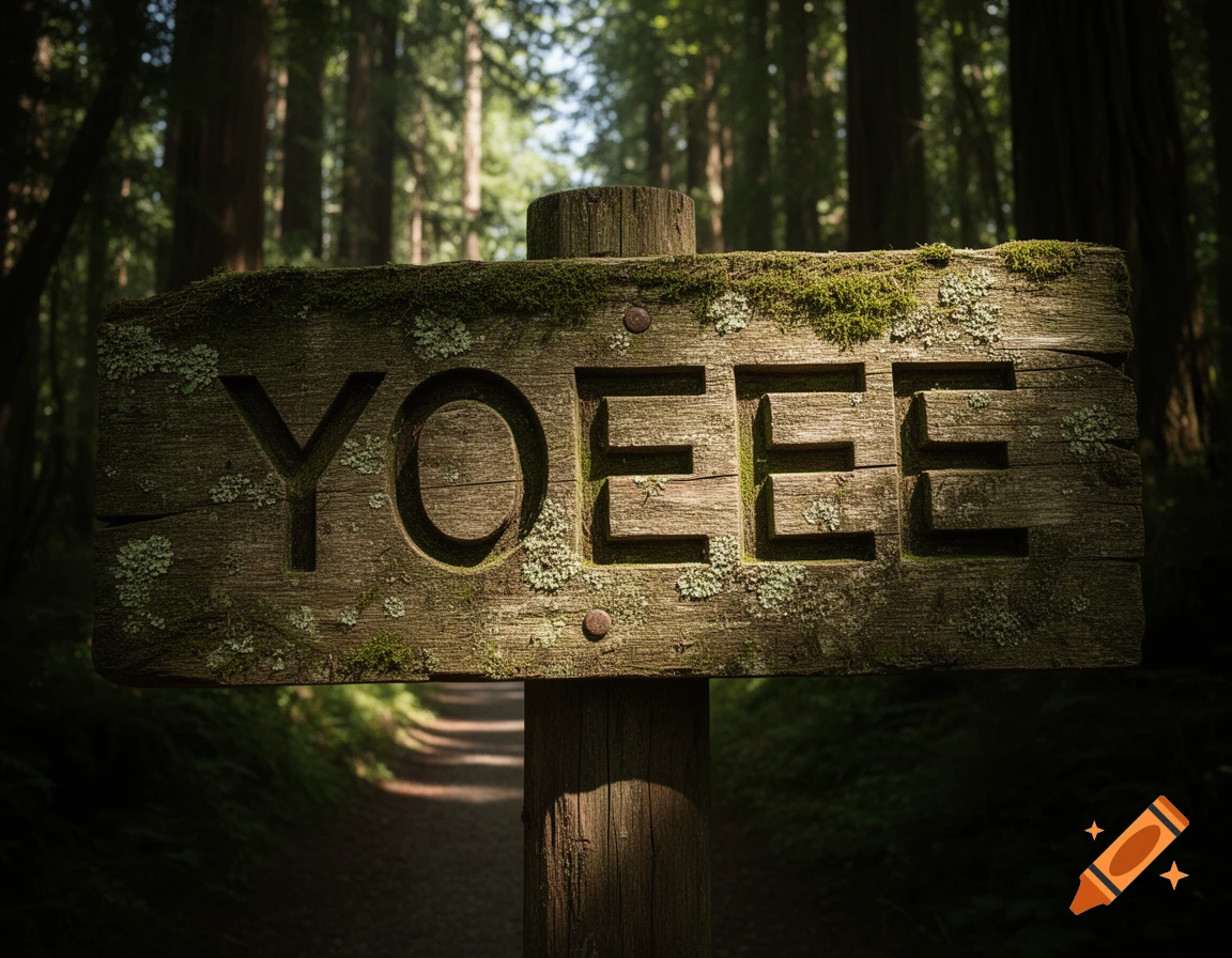 A moss-covered wooden sign with "YOEEE" carved into it, stands in a sunlit redwood forest over a dirt path.