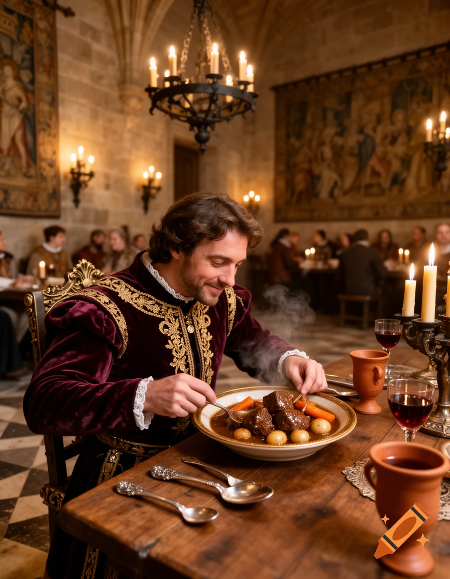 A man in ornate burgundy historical attire smiles while eating a steaming beef stew at a candlelit wooden table in a grand hall.