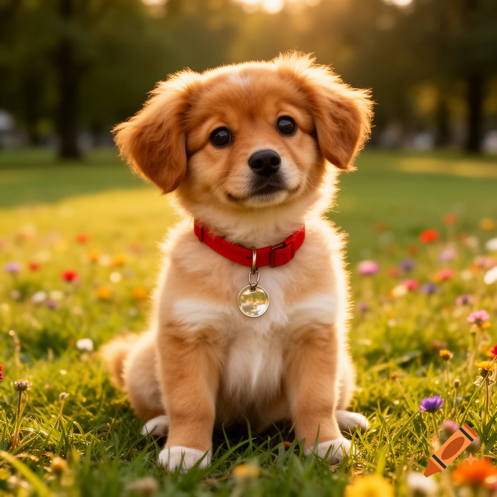 A photorealistic golden-brown puppy with a red collar sits in a sunny field of green grass and wildflowers.