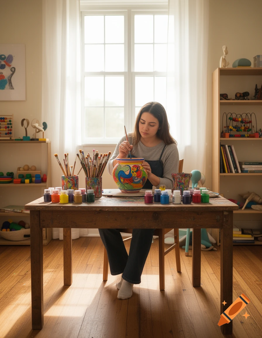A young woman painting a colorful pot at a wooden table in a bright room with a large window.