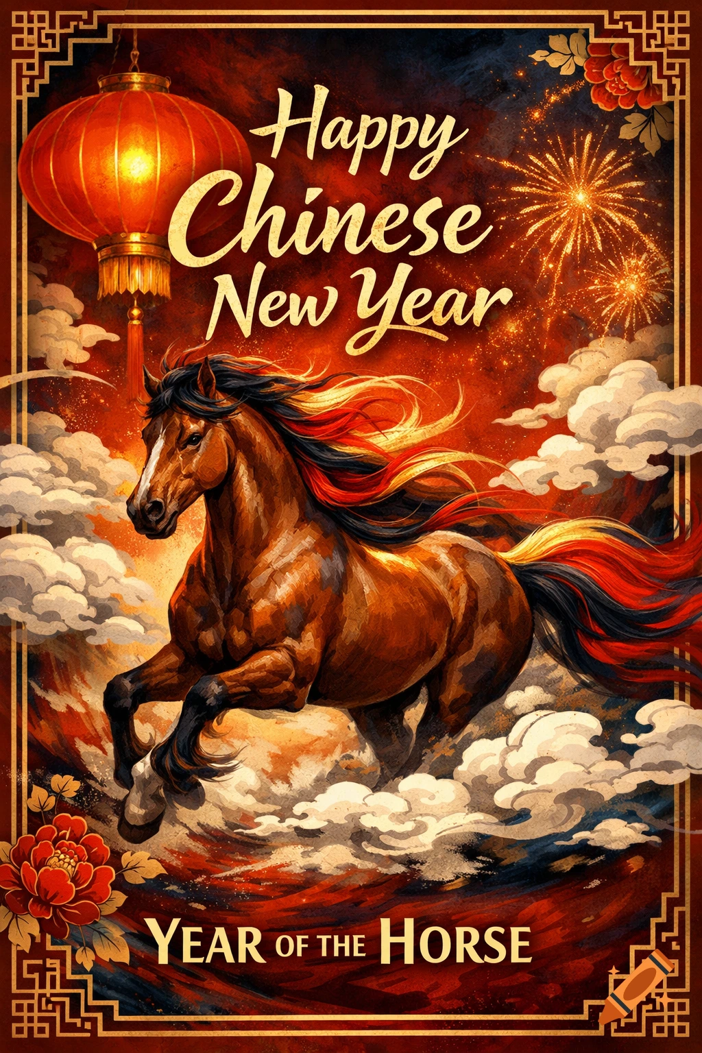 Vibrant Chinese New Year poster with a running horse, red lantern, fireworks, and text 'Happy Chinese New Year, Year of the Horse'.