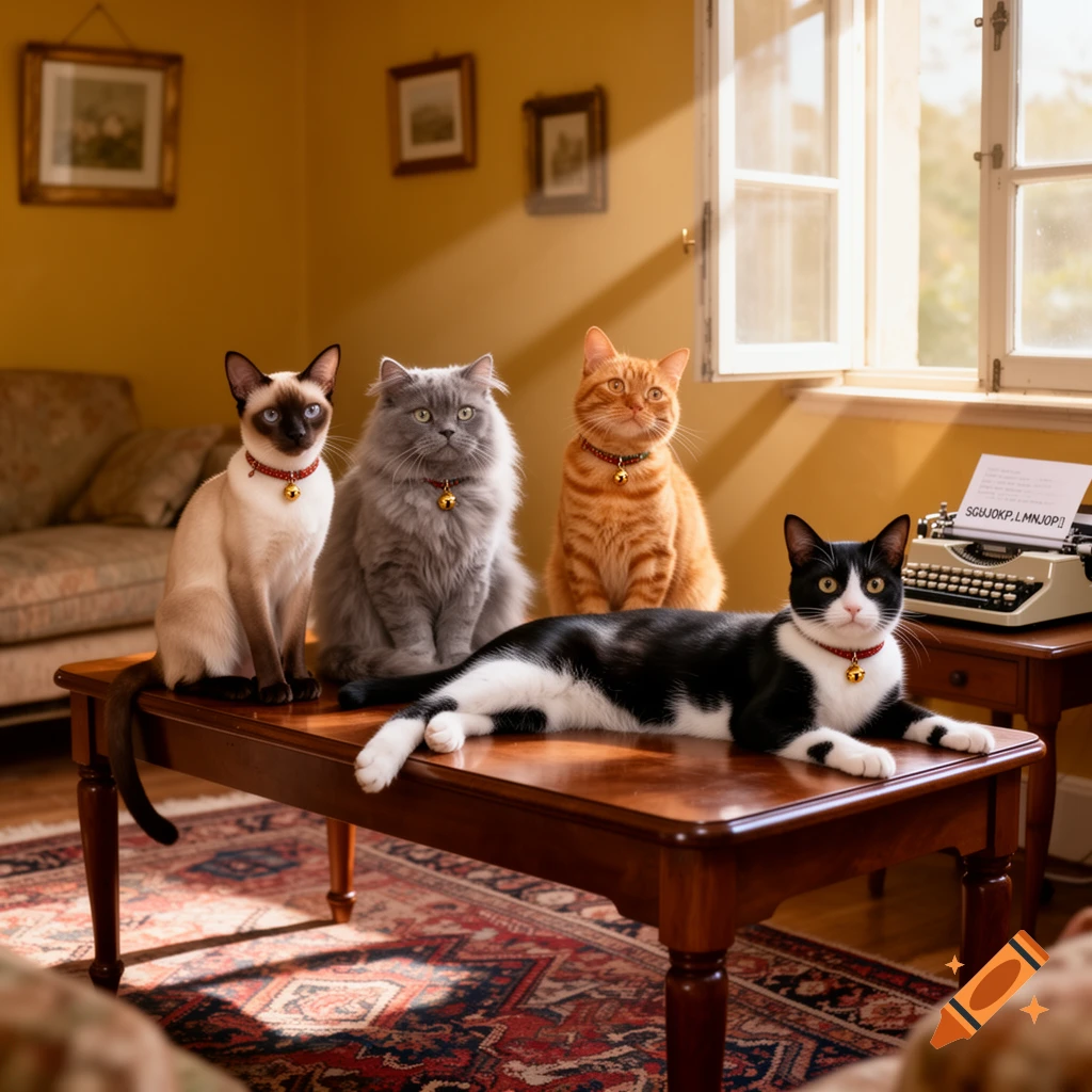 Four cats pose in a sunlit living room. A Siamese, a fluffy grey cat, and an orange tabby sit on a wooden table, while a black and white cat lies stretched out in front.
