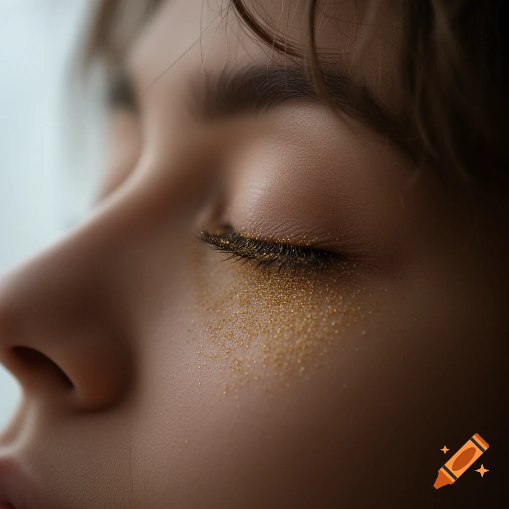 Close-up side profile of a person's closed eye with golden glitter on the eyelid and under the eye.