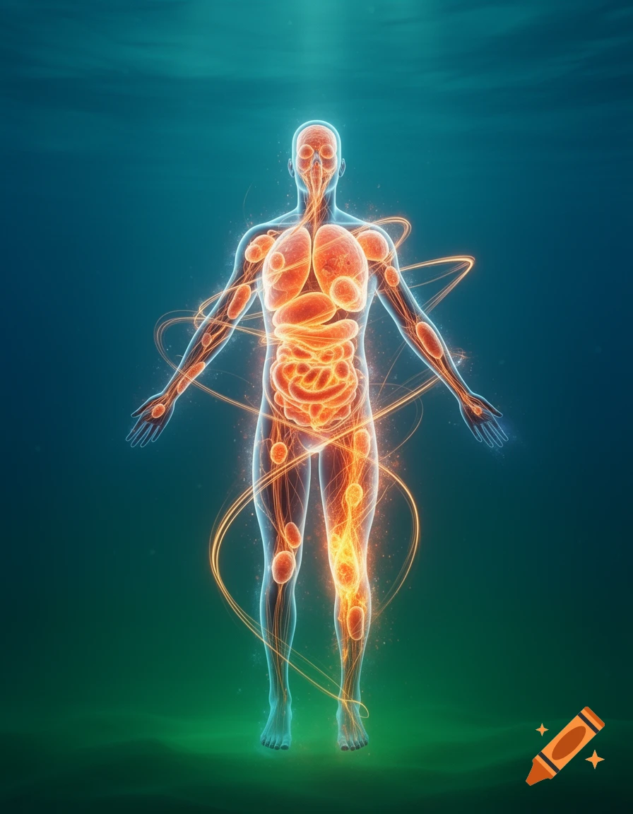 A stylized glowing transparent human body showing internal organs and energy lines against a teal and green background.