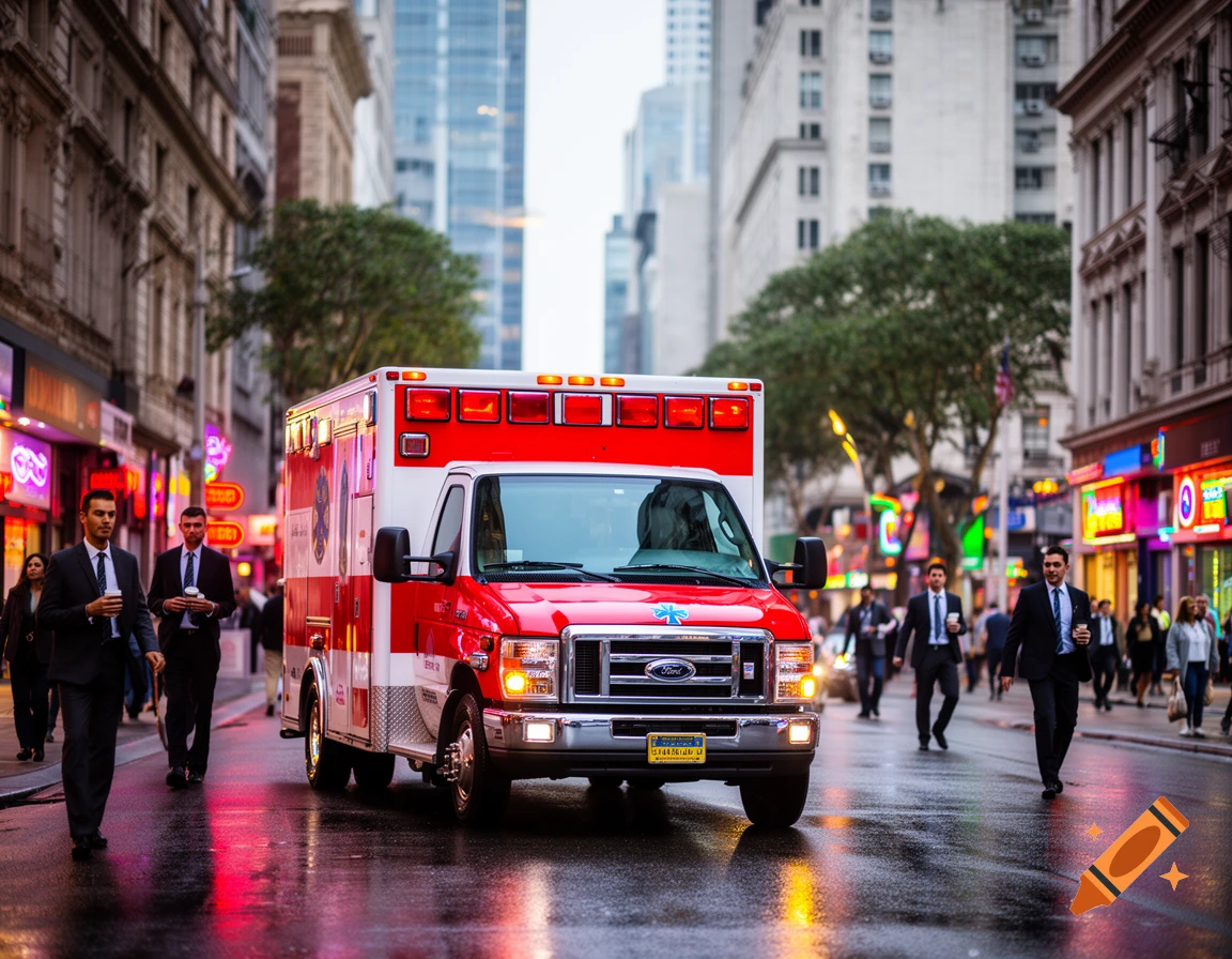 A red and white ambulance drives down a wet city street at dusk, with people walking on sidewalks and neon lights glowing.