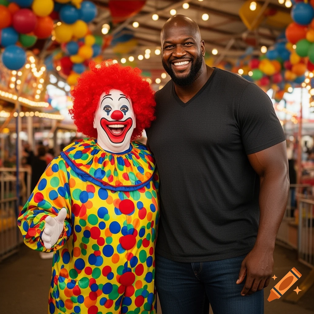 A photorealistic image of a smiling clown in a colorful polka-dot costume posing next to a smiling bald man at a carnival.