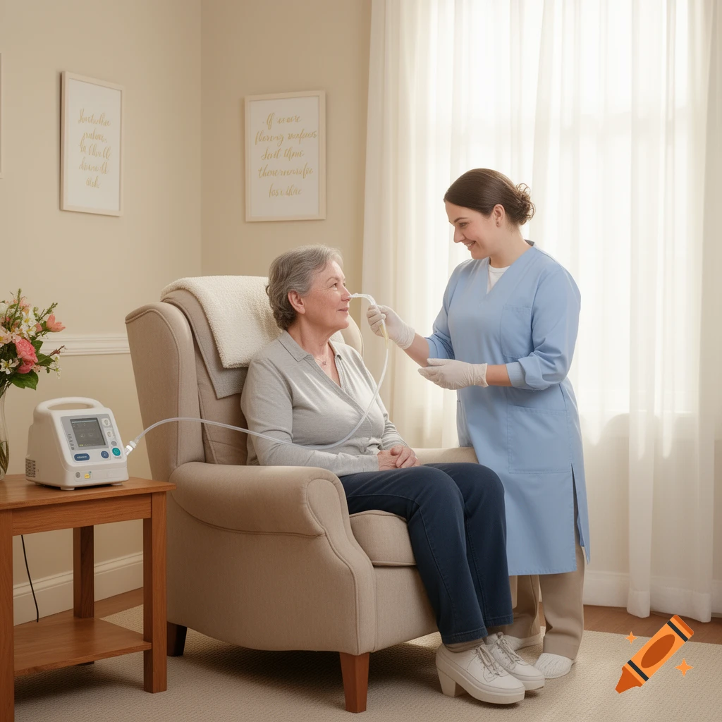 A healthcare worker assists an elderly woman sitting in an armchair with a medical device in a living room.