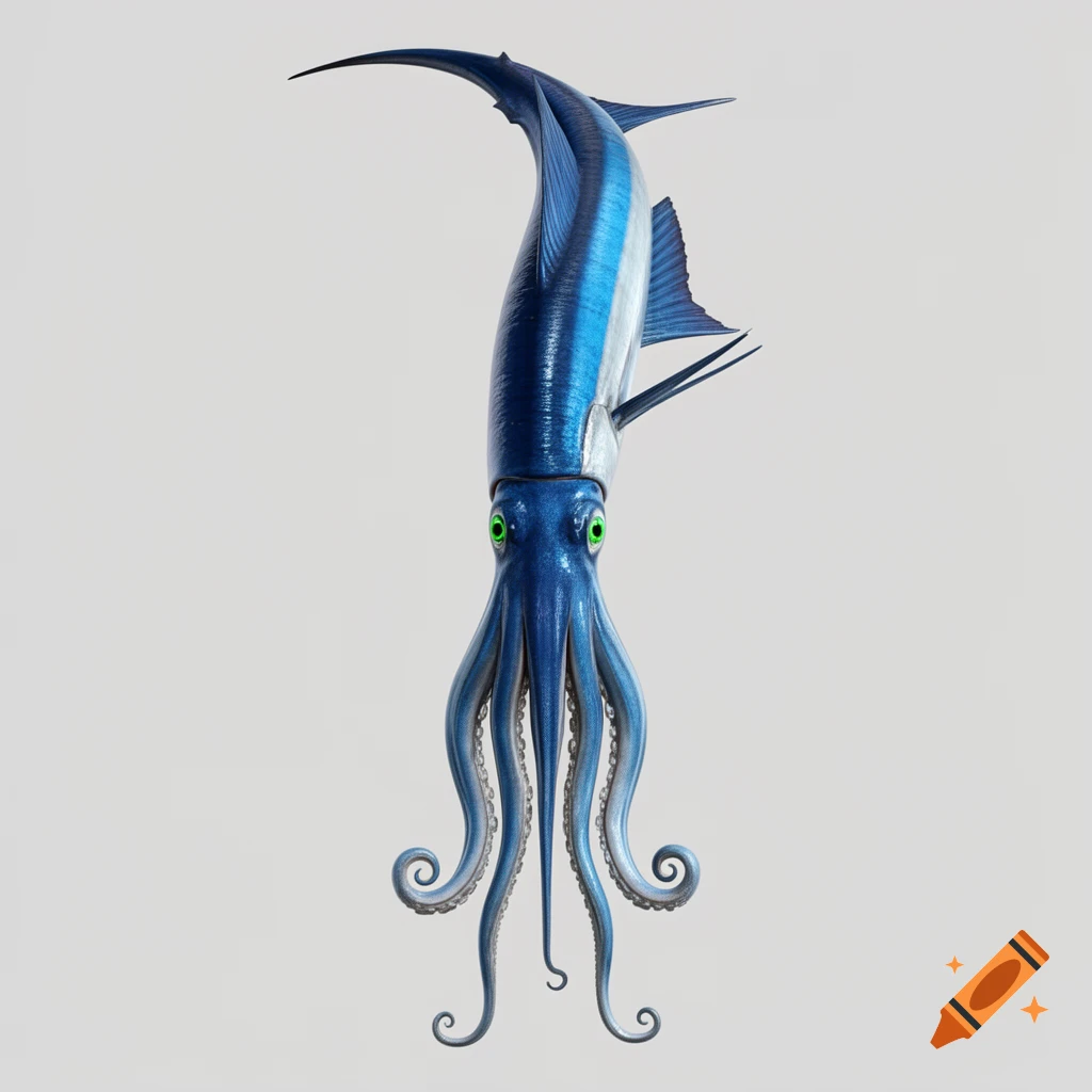 A blue hybrid creature, part marlin and part squid, with green eyes and tentacles, against a light gray background.