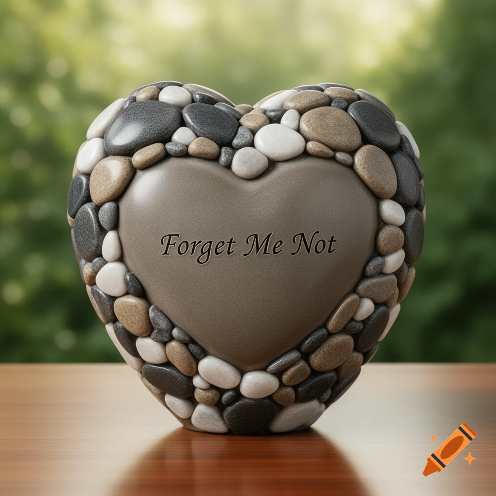 Heart-shaped urn made of colorful pebbles with 'Forget Me Not' engraved on a smooth central panel, on a wooden surface with a blurred green background.