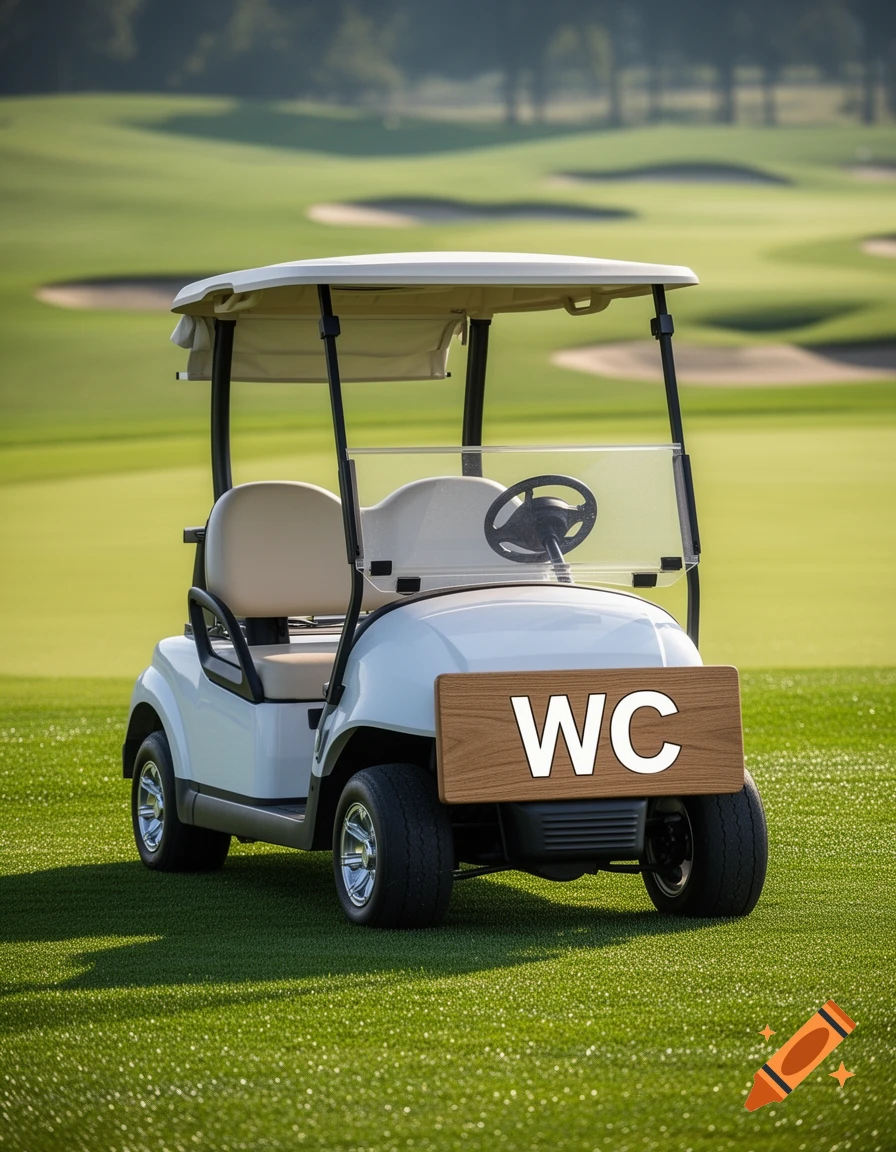 A white golf cart with a 'WC' sign parked on a sunny, green golf course.