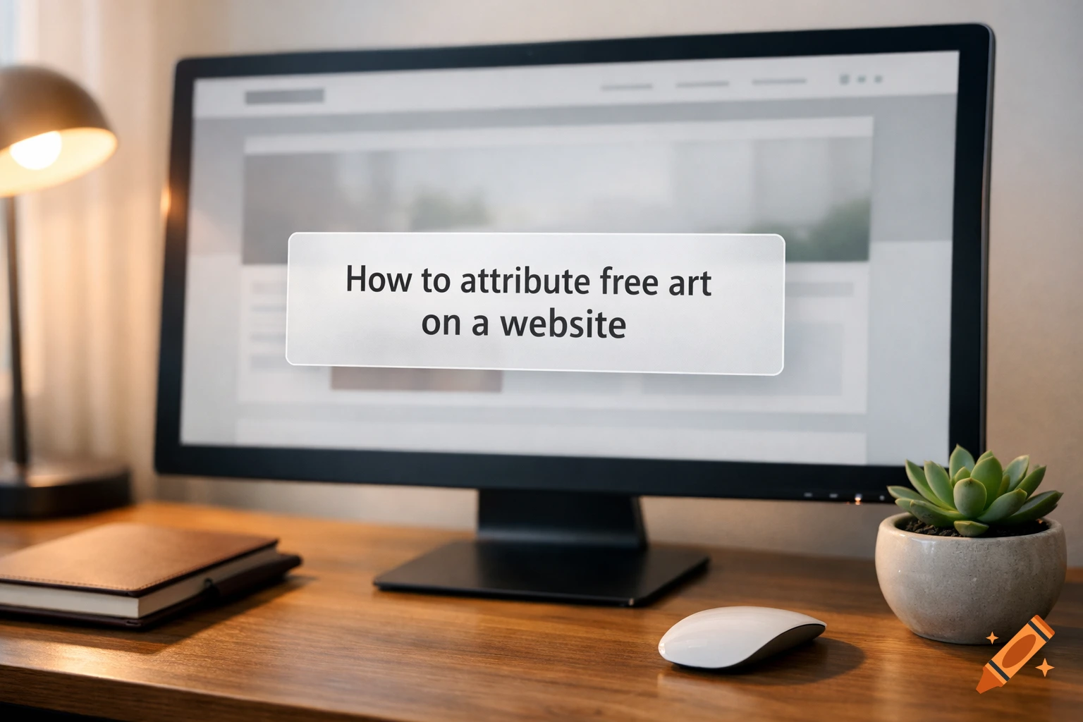 Photorealistic image of a computer monitor displaying 'How to attribute free art on a website' on a wooden desk with a lamp, notebook, mouse, and plant.