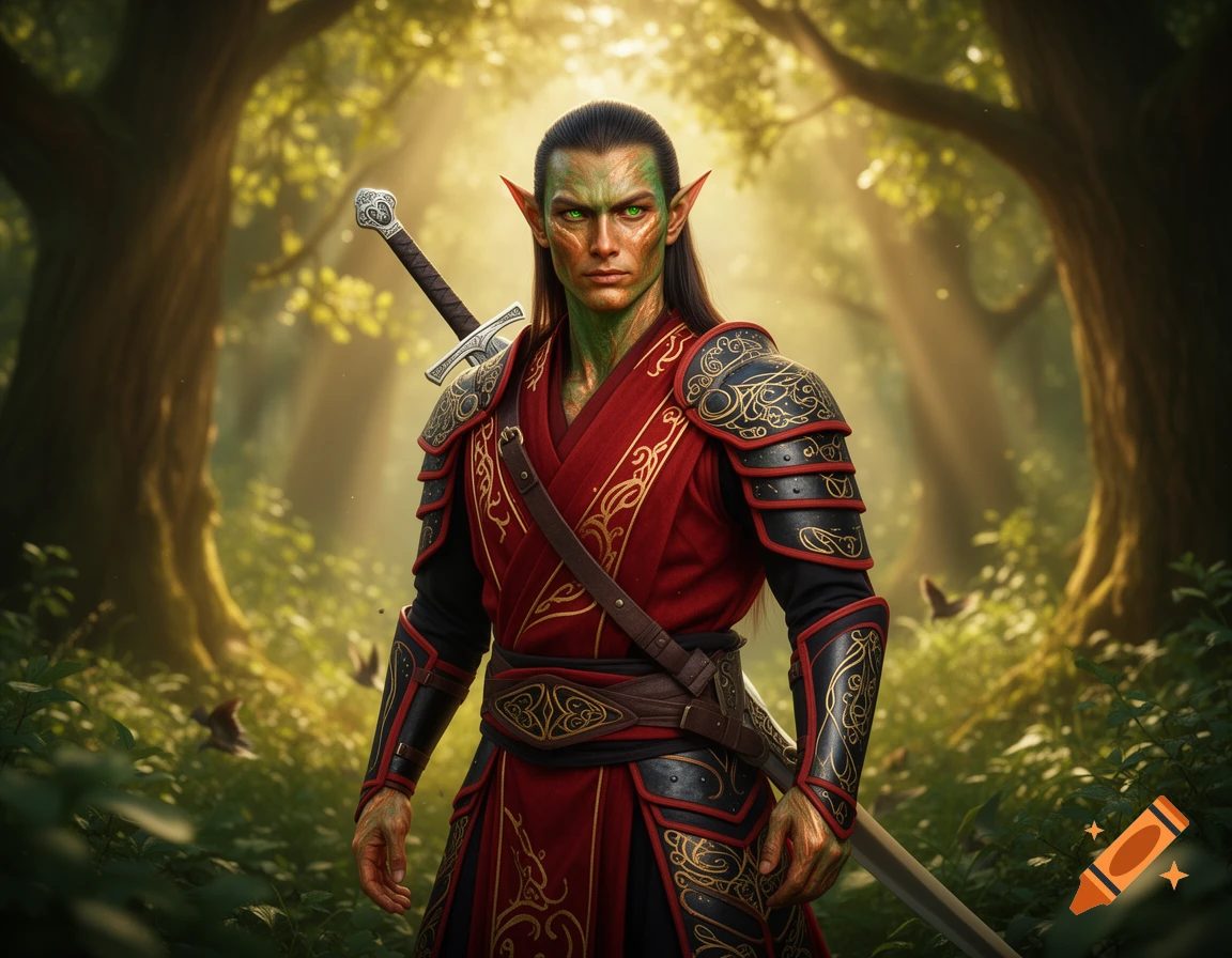 A green-skinned elf warrior with a sword and red and black armor stands in a sunlit enchanted forest.