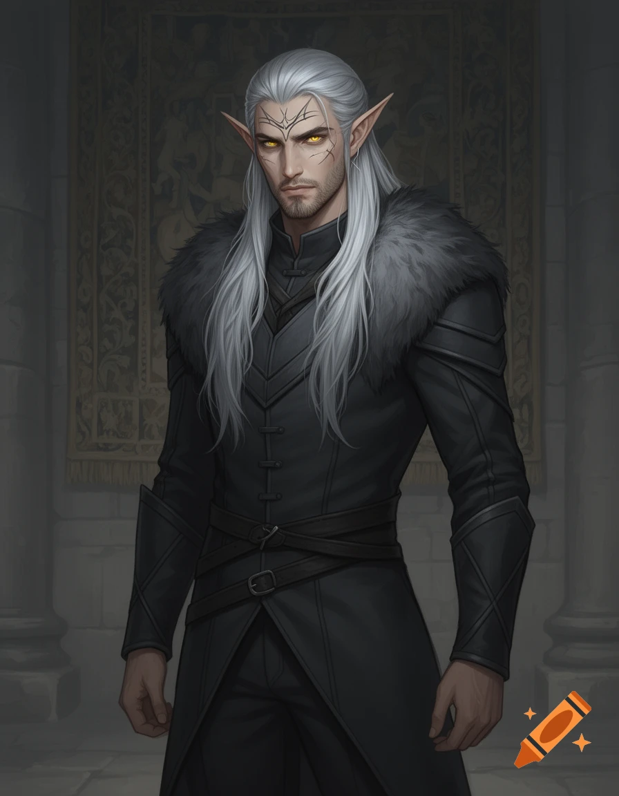 A handsome elf man with silver hair, yellow eyes, and face markings ...