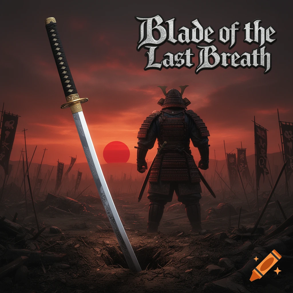 Samurai warrior on a desolate battlefield with a katana planted in the ground, under a red sunset, album cover art.