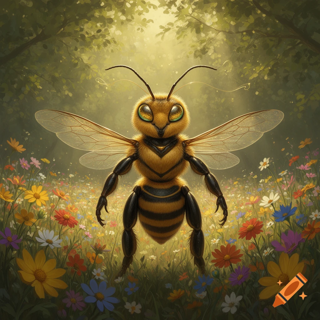 A fluffy, humanoid anthropomorphic bee stands upright in a vibrant field of colorful flowers with a sunlit forest background, in a concept art style.