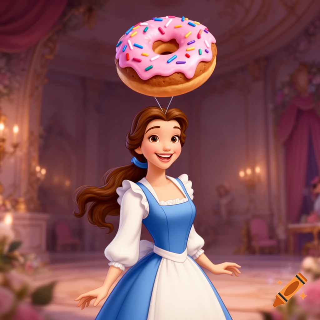 Belle from Beauty and the Beast in a blue peasant dress smiles as a pink donut with sprinkles floats above her head in a ballroom.