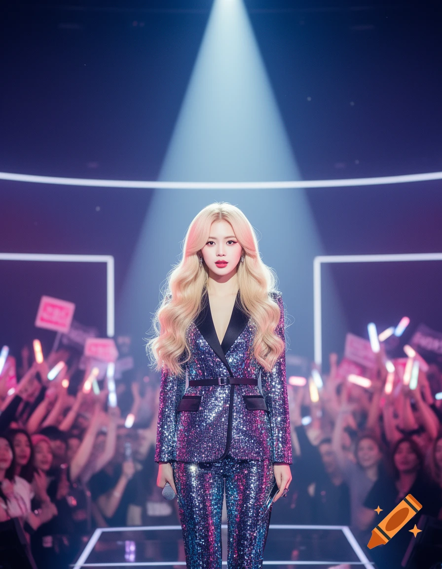 A blonde female Kpop idol in a sparkly blue and purple sequin suit stands on stage under a bright spotlight, facing a cheering crowd.