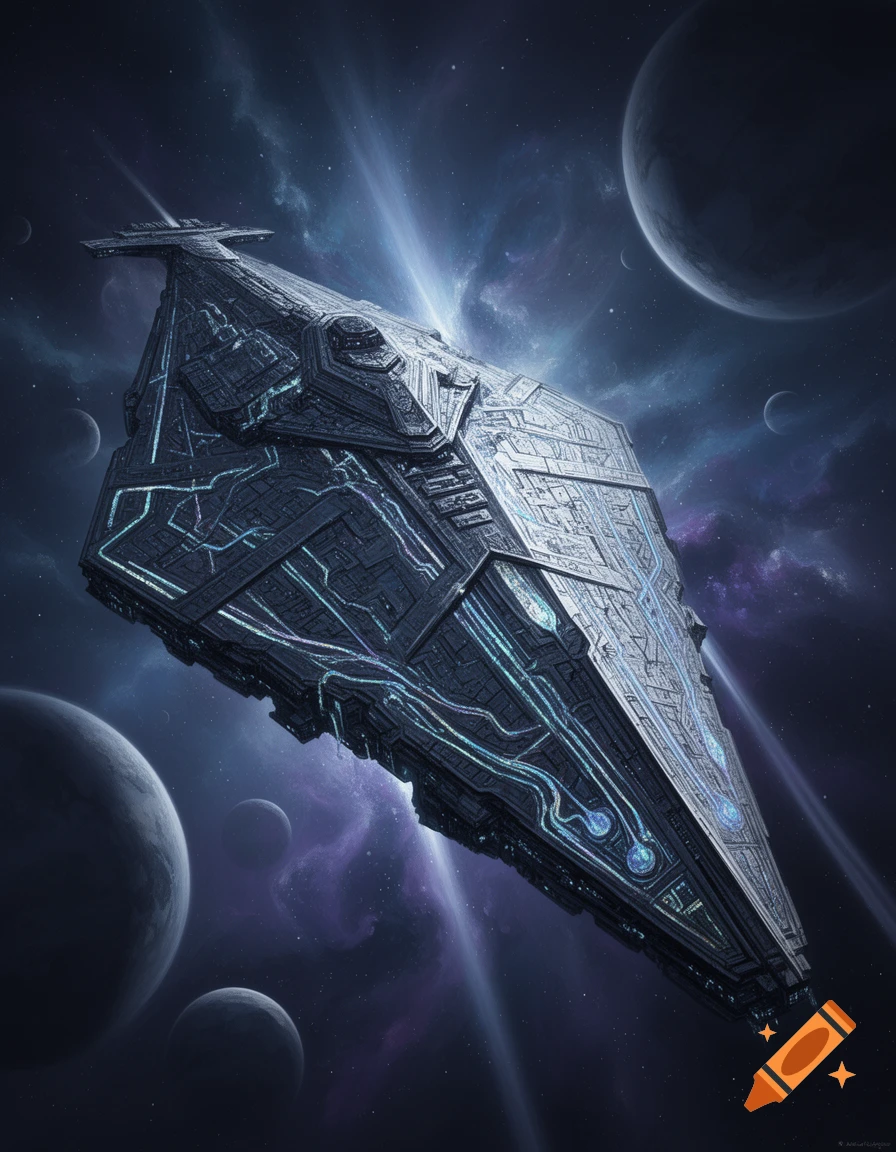 A detailed, dark grey spaceship with glowing blue lines flies through space, with planets and nebulae in the background, in a painterly style.