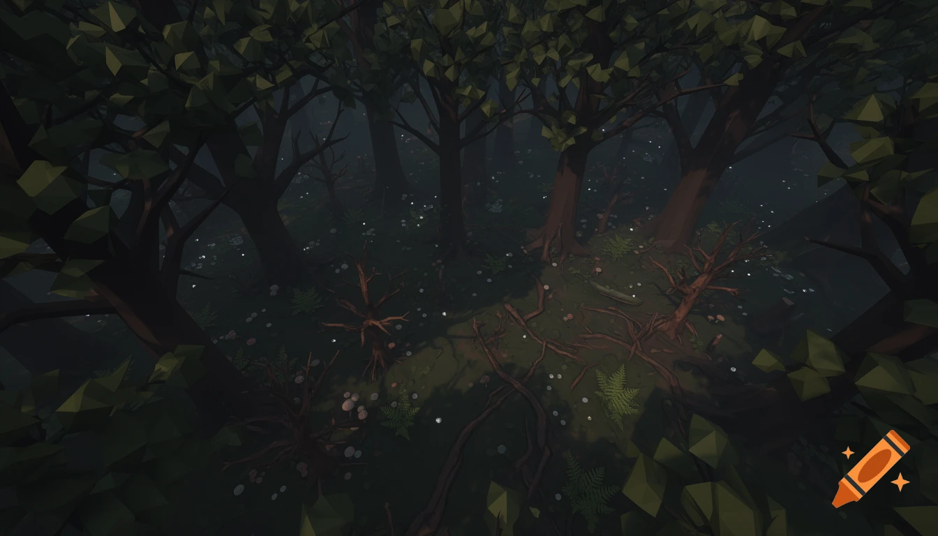 A top-down view of a dark, stylized low poly forest with tall trees and glowing mushrooms on the shadowy floor.