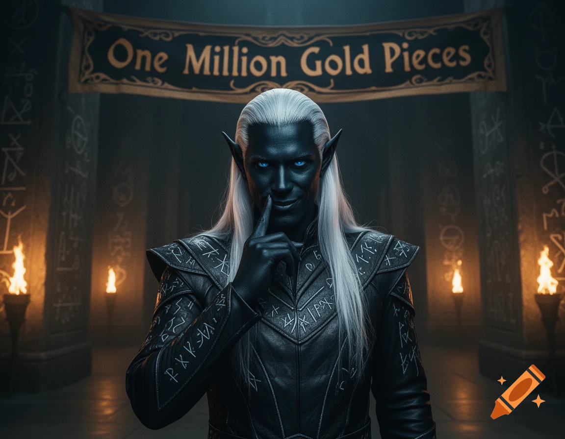 A dark-skinned Drow elf with white hair and glowing blue eyes shushes with a mischievous smile, standing in a dark chamber under a banner that reads "One Million Gold Pieces".