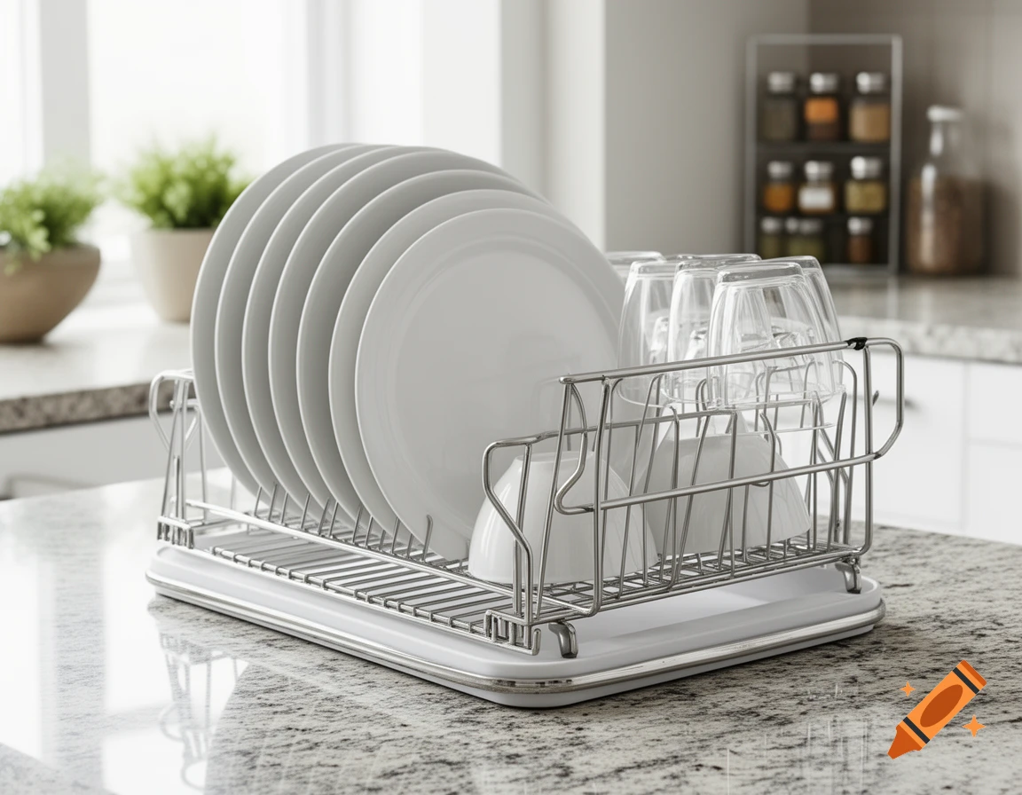 A modern dish drying rack filled with white plates and clear glasses on a granite kitchen countertop.