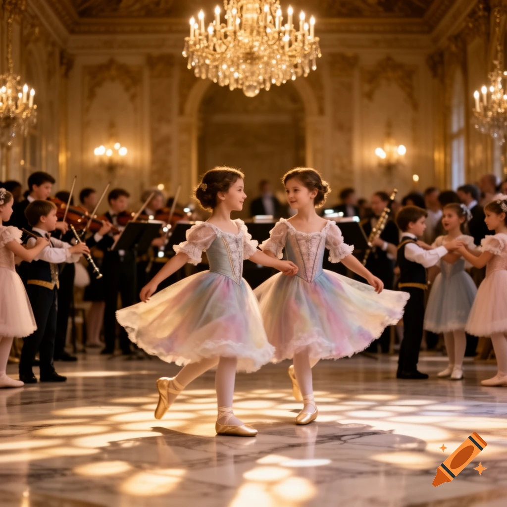 Two young girls in colorful tutus dance gracefully in a grand, ornate ballroom with chandeliers, surrounded by other children playing instruments and dancing.
