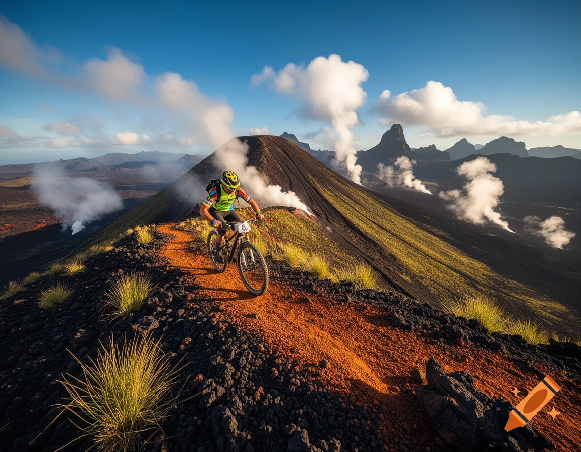 A mountain biker navigates a challenging red and black volcanic ridge with smoking vents under a blue sky.