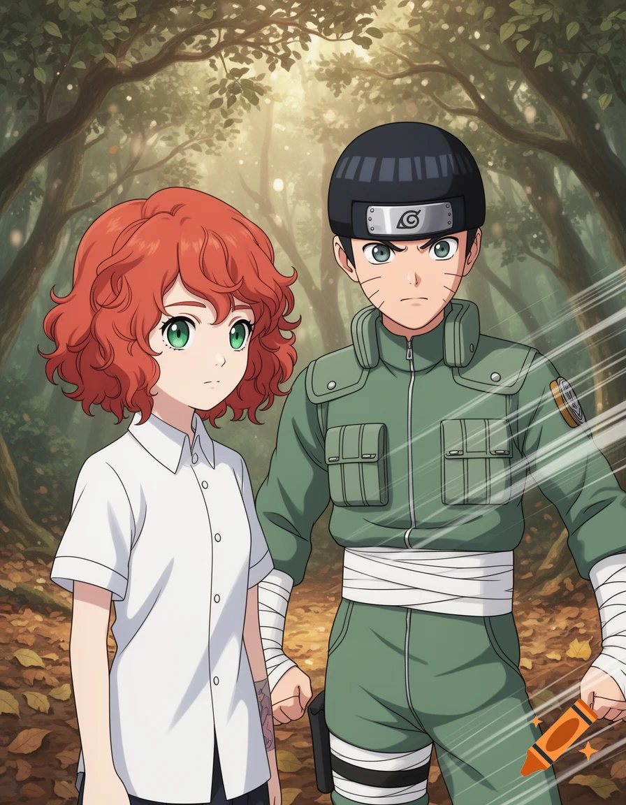 Anime characters Emma with red curly hair and Rock Lee in his green outfit stand in a bright, sun-dappled forest.